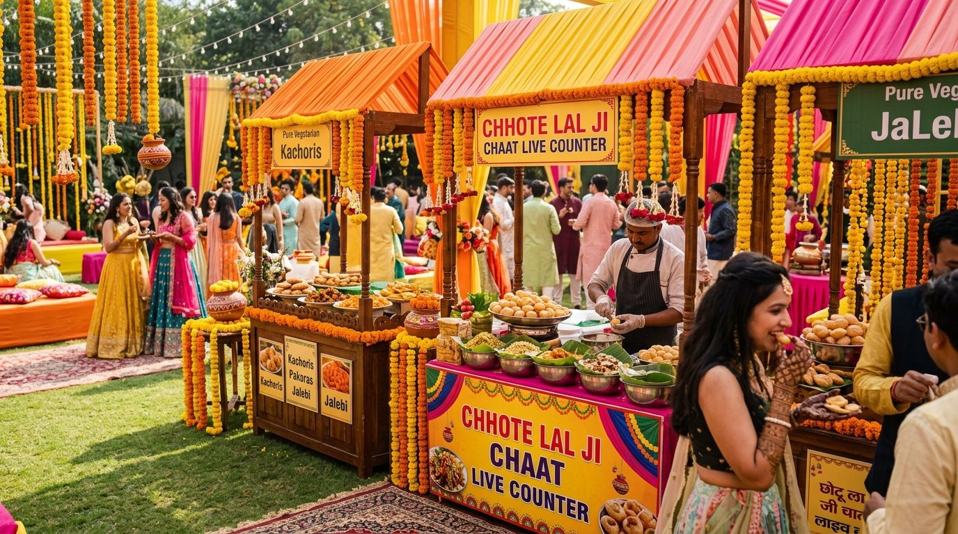 Vibrant Haldi & Mehendi pre-wedding celebration lawn food stalls with marigold decor