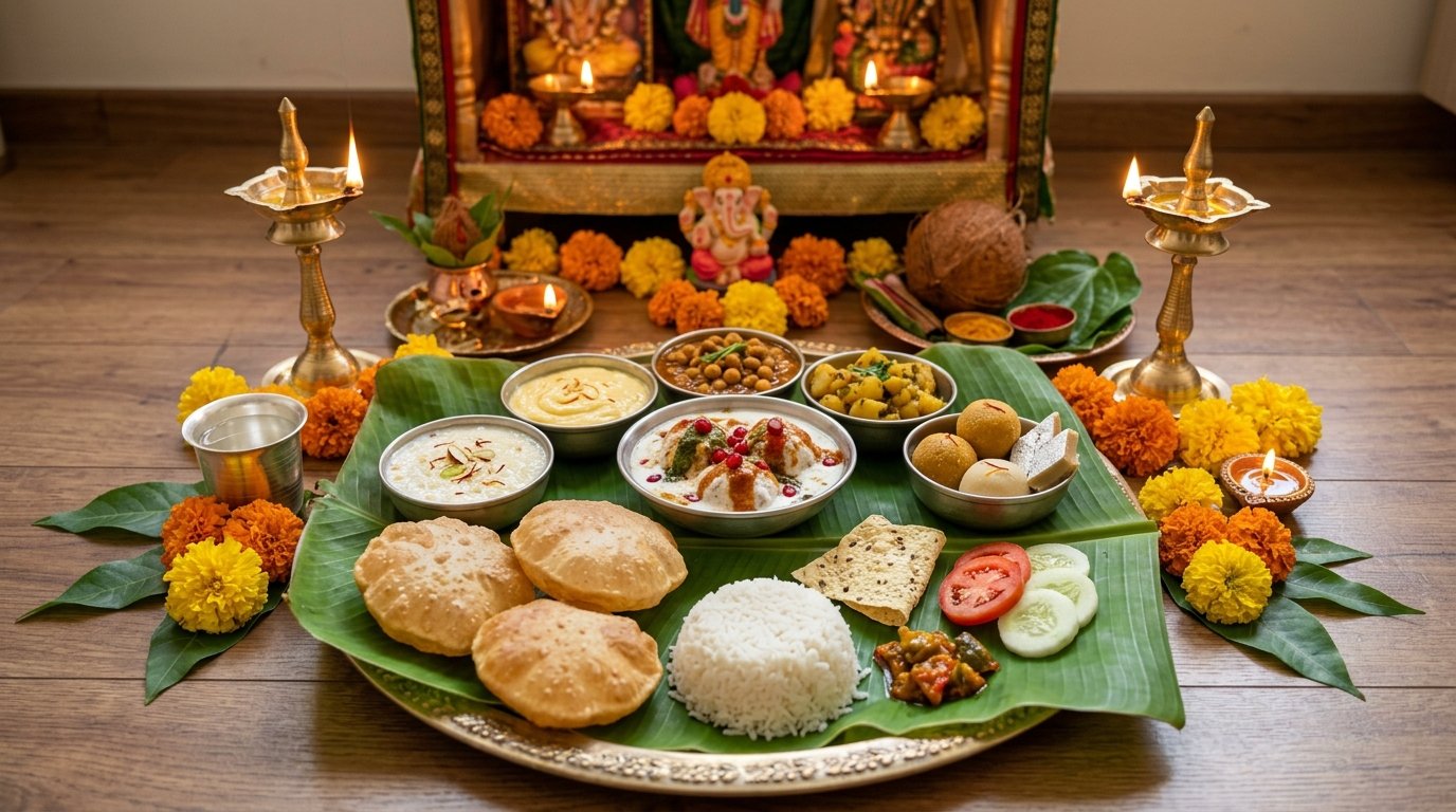 Traditional Satvik vegetarian thali feast served on banana leaf for Satyanarayan & Puja functions