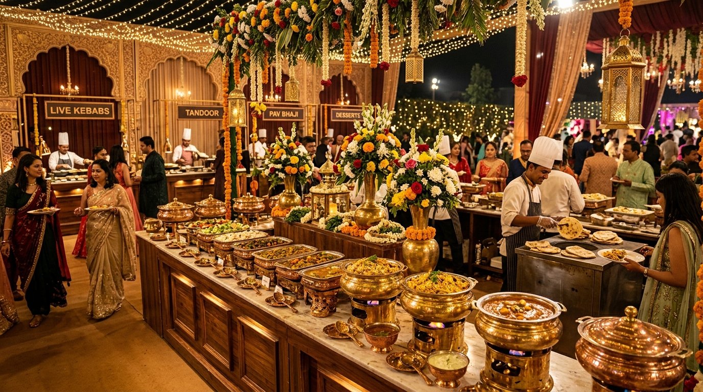Grand luxury Indian wedding reception pure veg buffet catering setup with live counters
